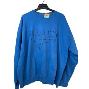 Upcycled Hand Printed Mens 2XL Blue Beauty From Ashes Isaiah 61:3 Sweatshirt